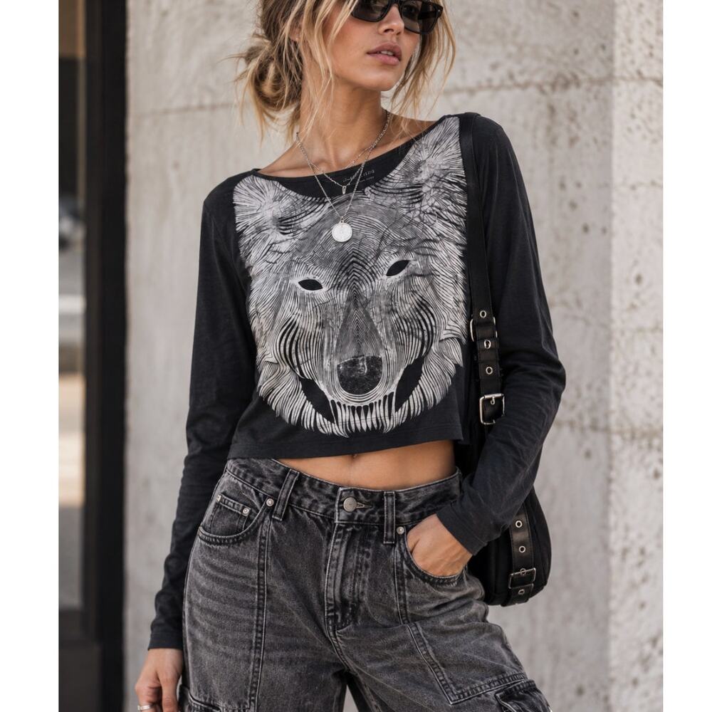 AllSaints Wolf Sabella Crop Top XS Black Graphic Long Sleeve Indie Sleaze Y2K